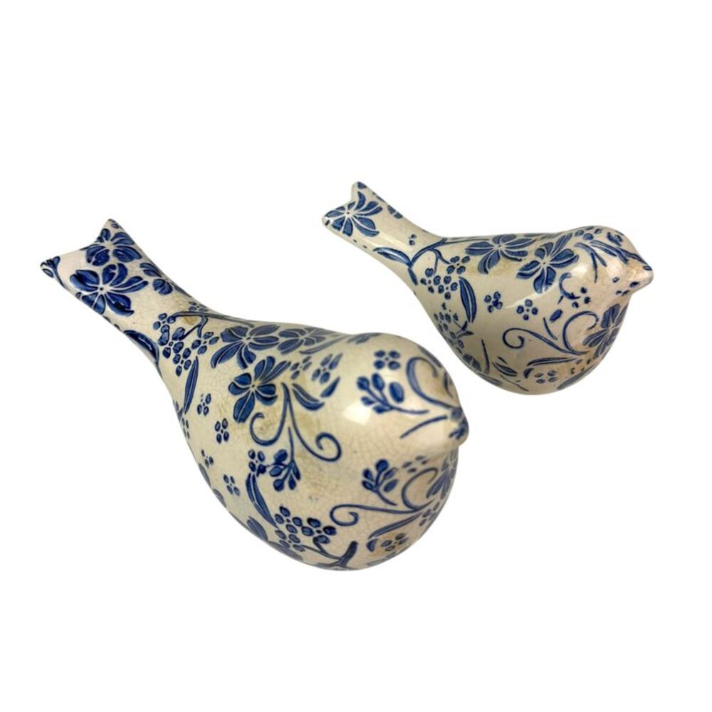 Blue White Ceramic Bird Figurine Set of 2 Delft Style 8.25 in Decor